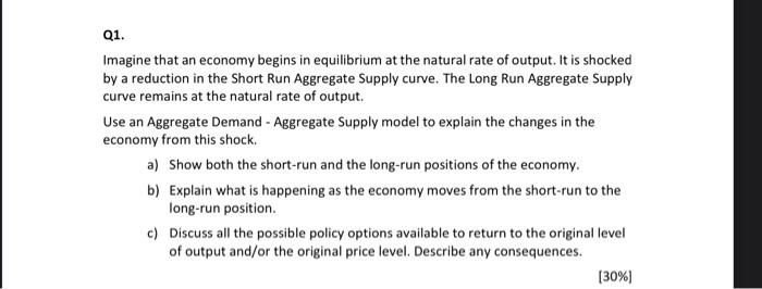 Q1 Imagine That An Economy Begins In Equilibrium At The Natural Rate Of Output It Is Shocked By A Reduction In The Sho 1