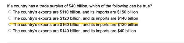 If A Country Has A Trade Surplus Of 40 Billion Which Of The Following Can Be True The Country S Exports Are 110 Bill 1
