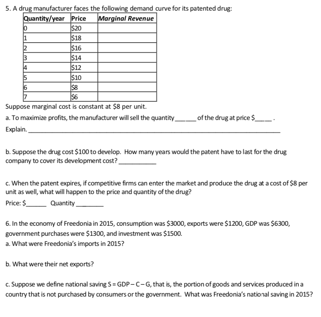 5 A Drug Manufacturer Faces The Following Demand Curve For Its Patented Drug Quantity Year Price Marginal Revenue Lo 1