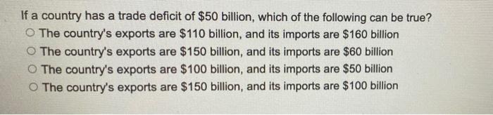 If A Country Has A Trade Deficit Of 50 Billion Which Of The Following Can Be True The Country S Exports Are 110 Bill 1