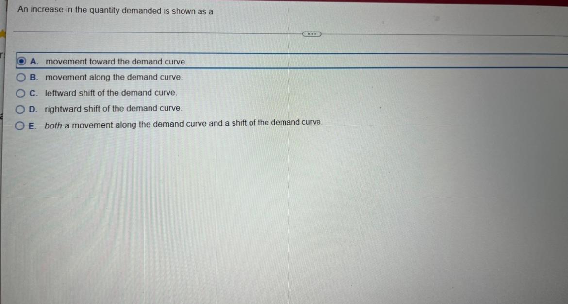 An Increase In The Quantity Demanded Is Shown As A O A Movement Toward The Demand Curve Ob Movement Along The Demand 1