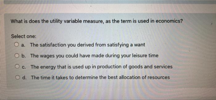 What Is Does The Utility Variable Measure As The Term Is Used In Economics Select One A The Satisfaction You Derived 1