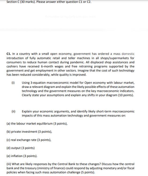 Section C 30 Marks Please Answer Either Question C1 Or C2 C1 In A Country With A Small Open Economy Government Has 1