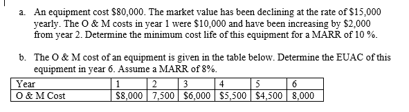 A An Equipment Cost 80 000 The Market Value Has Been Declining At The Rate Of 15 000 Yearly The O M Costs In Year 1 1