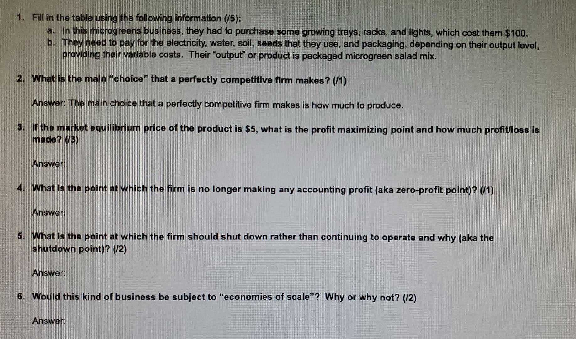 1 Fill In The Table Using The Following Information 15 A In This Microgreens Business They Had To Purchase Some Gr 1