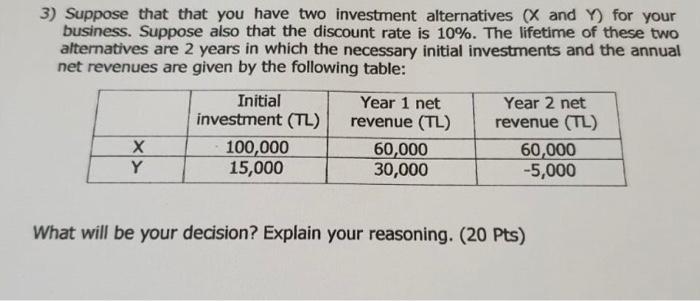 3 Suppose That That You Have Two Investment Alternatives X And Y For Your Business Suppose Also That The Discount Rat 1