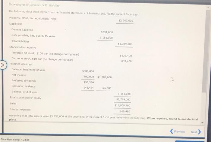 Sx Measures Of Solvency Or Profitability The Following Data Were Taken From The Financial Statements Of Loveseth Incfor 1