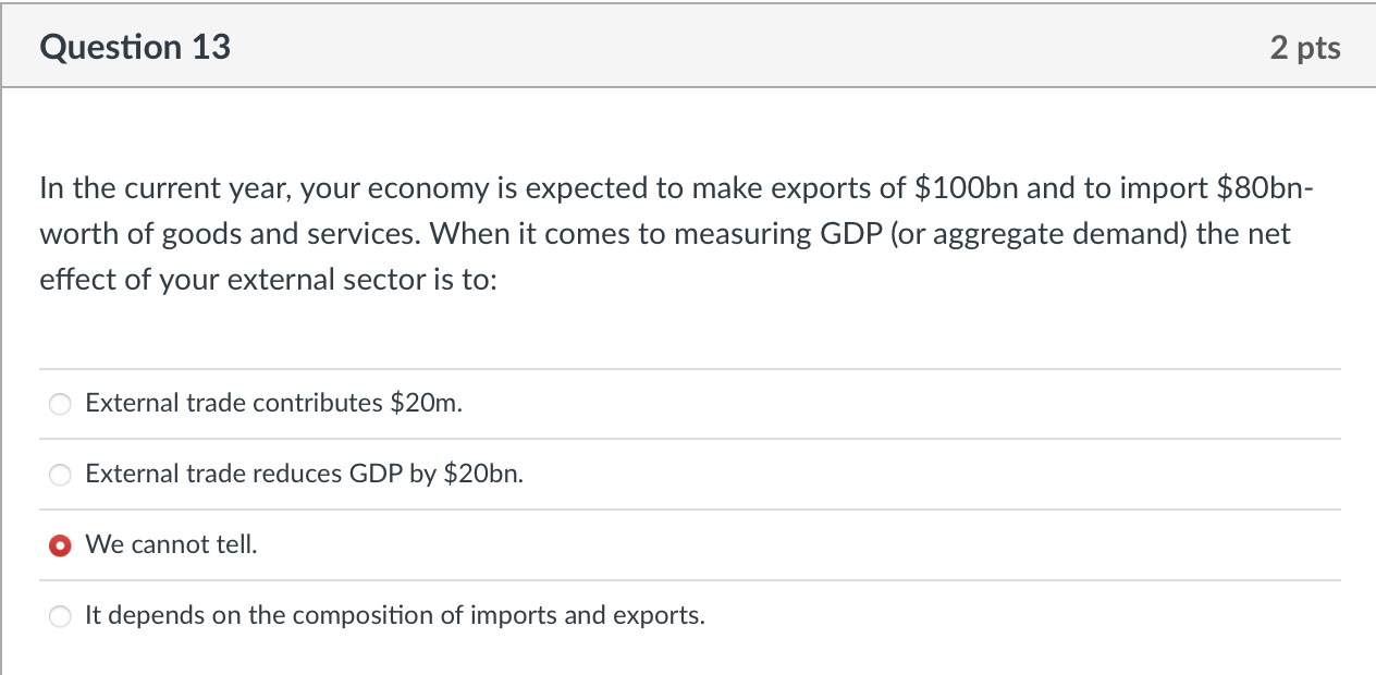 Question 13 2 Pts In The Current Year Your Economy Is Expected To Make Exports Of 100bn And To Import 80bn Worth Of 1