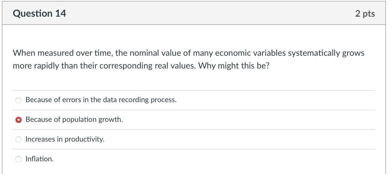 Question 14 2 Pts When Measured Over Time The Nominal Value Of Many Economic Variables Systematically Grows More Rapidl 1