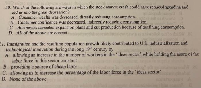 900 12 30 Which Of The Following Are Ways In Which The Stock Market Crash Could Have Reduced Spending And Led Us Into T 1