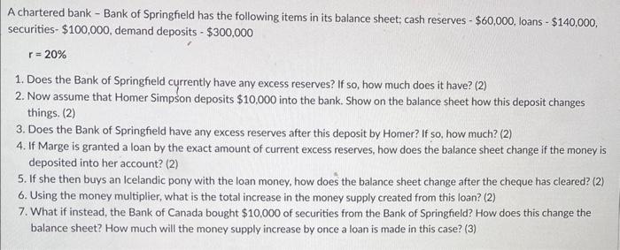 A Chartered Bank Bank Of Springfield Has The Following Items In Its Balance Sheet Cash Reserves 60 000 Loans 1 1