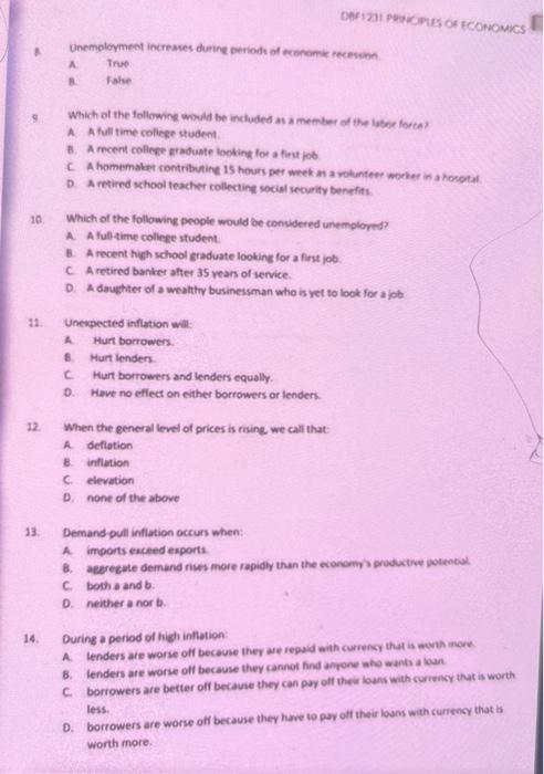 D1231 Panopies Of Economics Unemployment Increases During Period Of Comic True A Ale Which Of The Following Would Be Inc 1