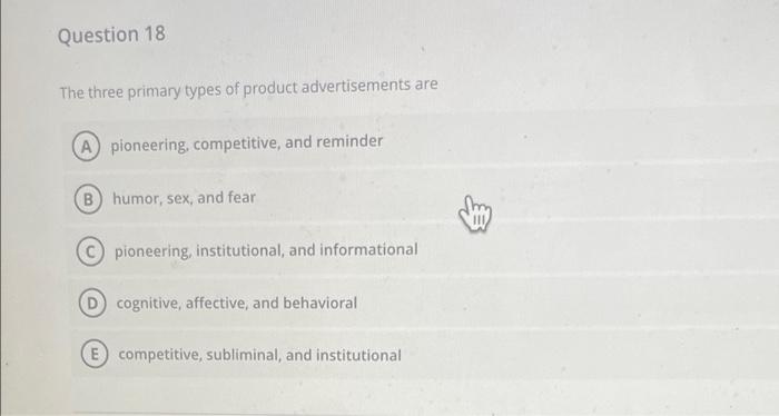 Question 18 The Three Primary Types Of Product Advertisements Are A Pioneering Competitive And Reminder B Humor Sex 1