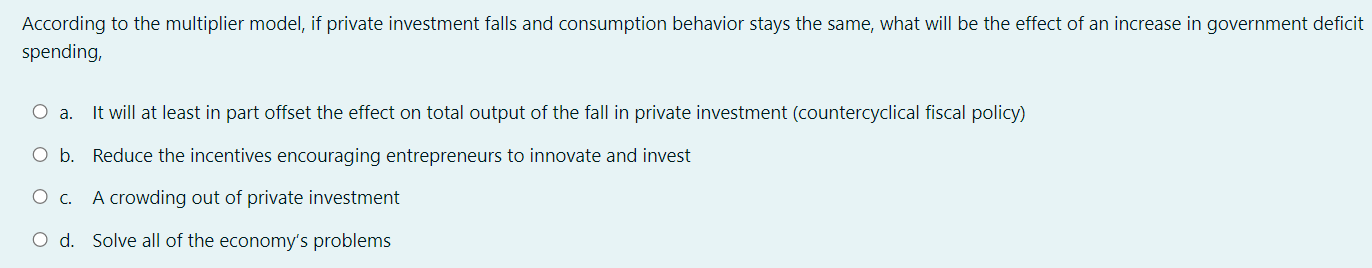According To The Multiplier Model If Private Investment Falls And Consumption Behavior Stays The Same What Will Be The 1