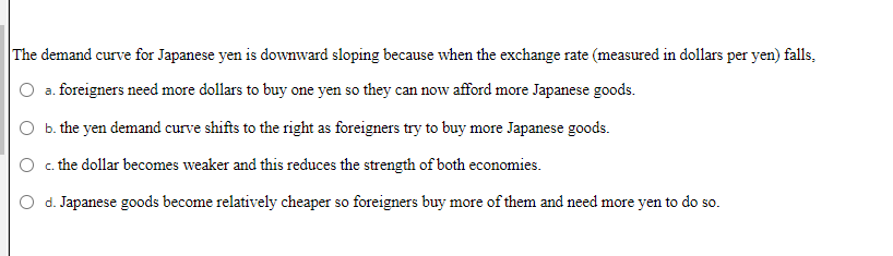The Demand Curve For Japanese Yen Is Downward Sloping Because When The Exchange Rate Measured In Dollars Per Yen Falls 1