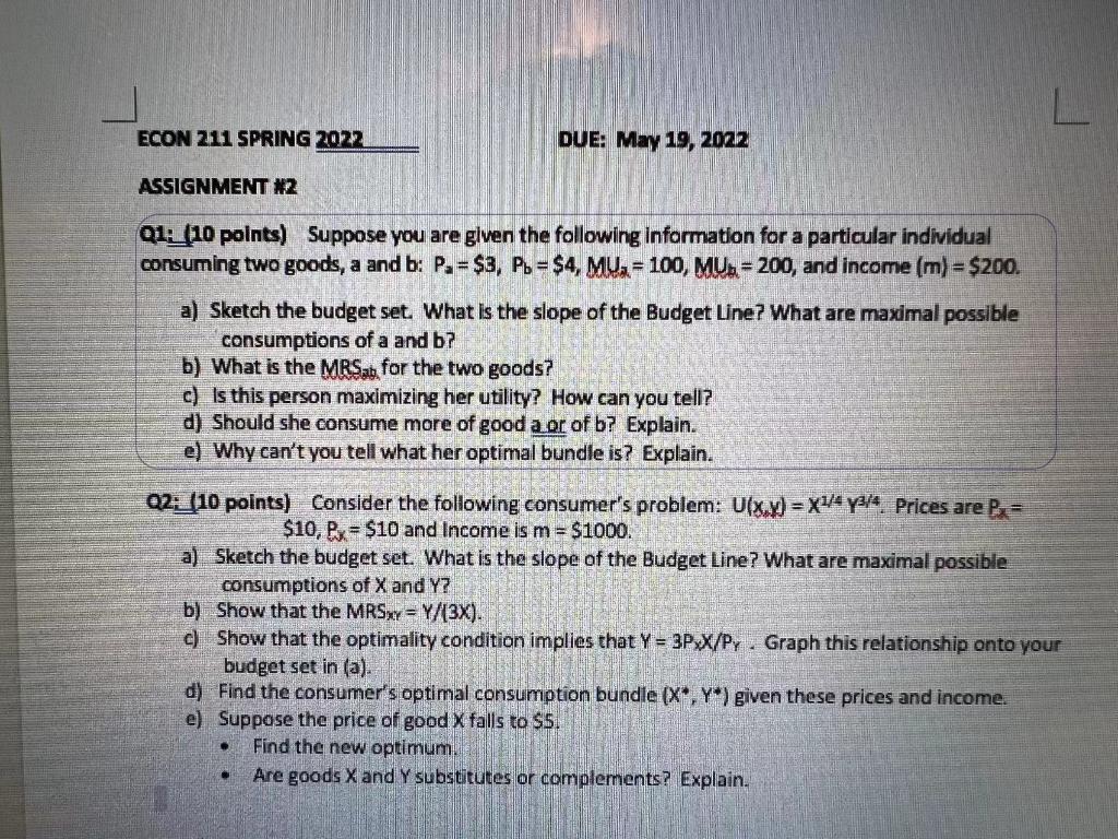 Econ 211 Spring 2022 Due May 19 2022 Assignment N2 Qi 10 Points Suppose You Are Given The Following Information For 1