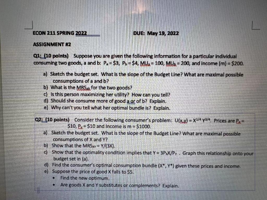 Econ 211 Spring 2022 Due May 19 2022 Assignment N2 Qi 10 Points Suppose You Are Given The Following Information For 1