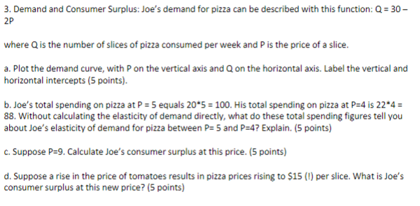 3 Demand And Consumer Surplus Joe S Demand For Pizza Can Be Described With This Function Q 30 2p Where Q Is The 1