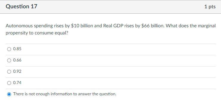 Question 17 1 Pts Autonomous Spending Rises By 10 Billion And Real Gdp Rises By 66 Billion What Does The Marginal Pro 1