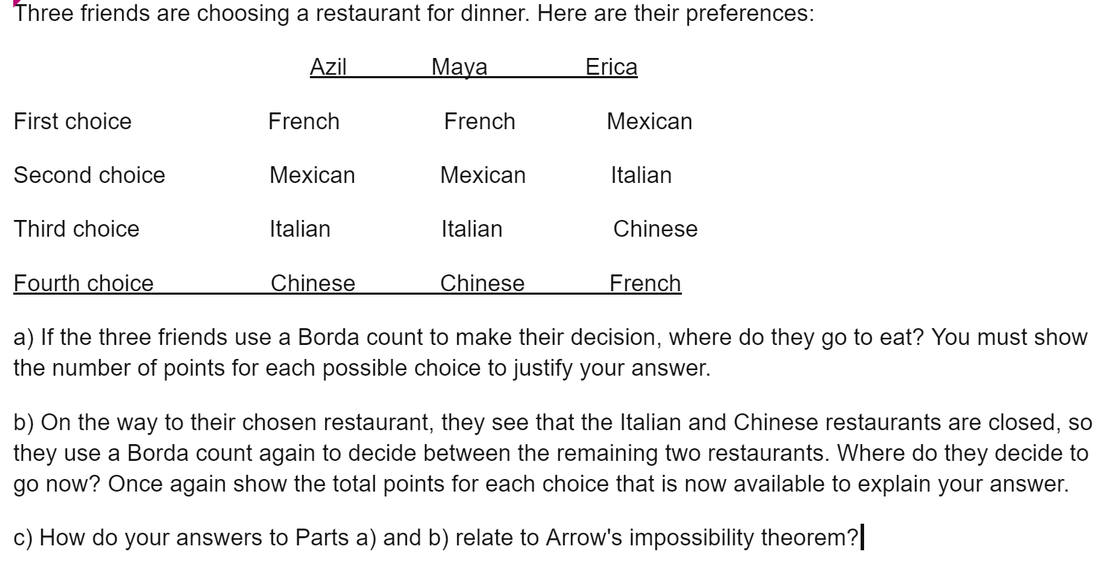 Three Friends Are Choosing A Restaurant For Dinner Here Are Their Preferences Azil Maya Erica First Choice French Fren 1