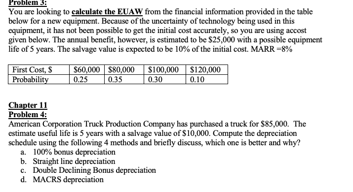 Problem 3 You Are Looking To Calculate The Euaw From The Financial Information Provided In The Table Below For A New Eq 1