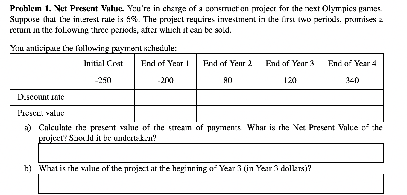 Problem 1 Net Present Value You Re In Charge Of A Construction Project For The Next Olympics Games Suppose That The I 1