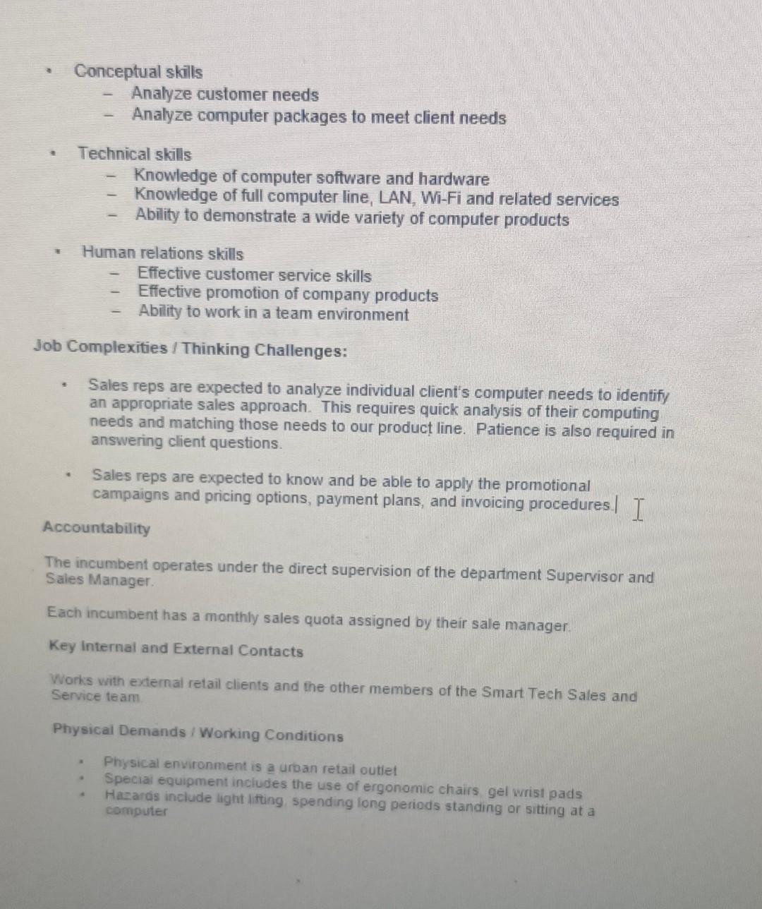 Conceptual Skills Analyze Customer Needs Analyze Computer Packages To Meet Client Needs Technical Skills Knowledge Of Co 1
