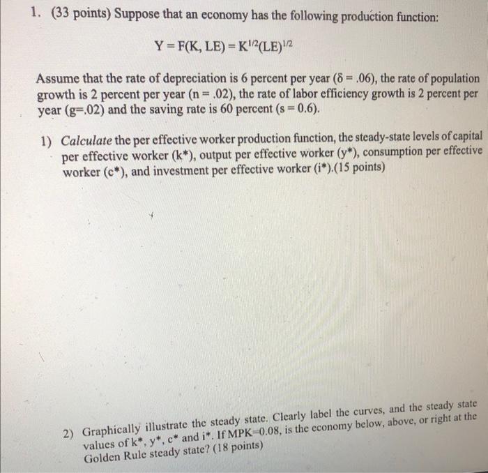 1 33 Points Suppose That An Economy Has The Following Production Function Y F K Le K12 Le 2 Assume That The R 1