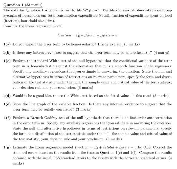 Question 1 33 Marks The Data For Question 1 Is Contained In The File A2q1 Csv The File Contains 54 Observations On 1