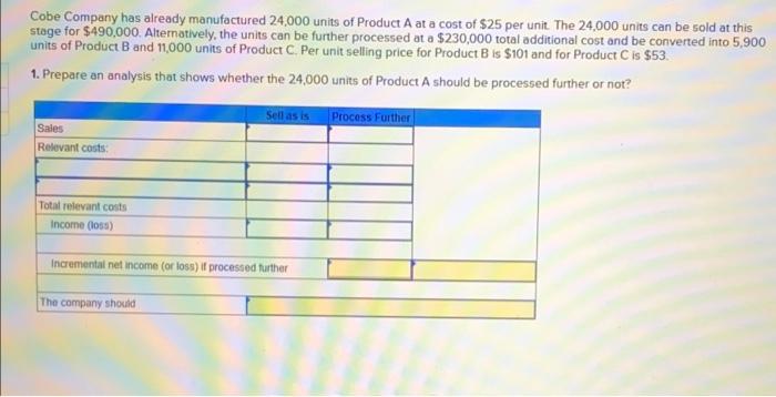 Cobe Company Has Already Manufactured 24 000 Units Of Product A At A Cost Of 25 Per Unit The 24 000 Units Can Be Sold 1
