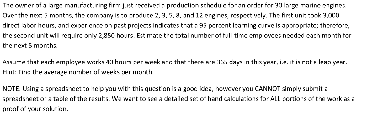 The Owner Of A Large Manufacturing Firm Just Received A Production Schedule For An Order For 30 Large Marine Engines Ov 1