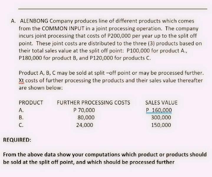 A Alenbong Company Produces Line Of Different Products Which Comes From The Common Input In A Joint Processing Operatio 1
