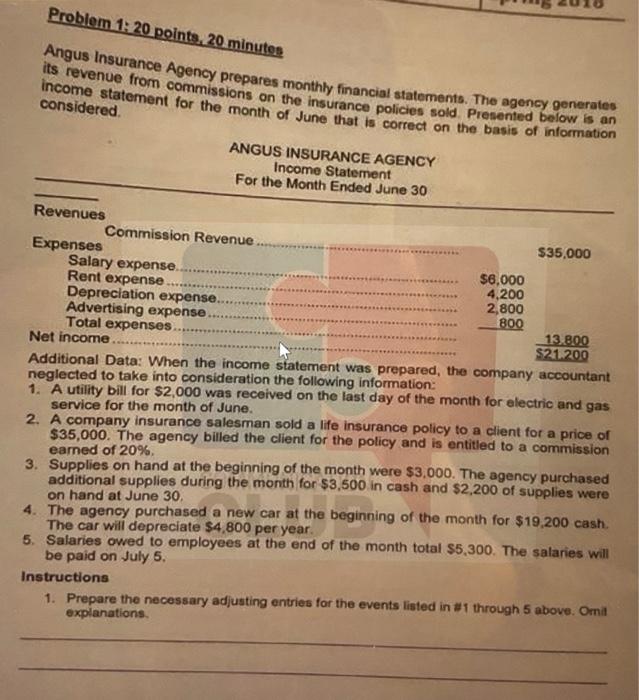 Problem 1 20 Points 20 Minutes Angus Insurance Agency Prepares Monthly Financial Statements The Agency Generatan Its 1
