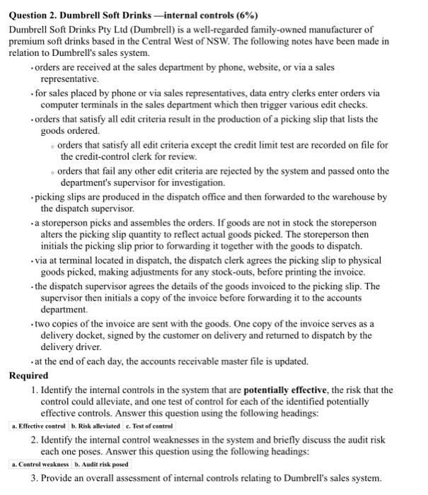 Question 2 Dumbrell Soft Drinks Internal Controls 6 Dumbrell Soft Drinks Pty Ltd Dumbrell Is A Well Regarded Famil 1