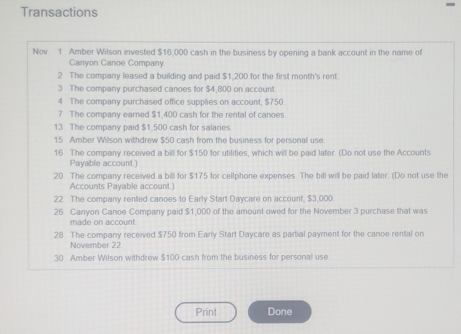 Transactions Nov 1 Amber Wilson Invested 16 000 Cash In The Business By Opening A Bank Account In The Name Of Canyon 2