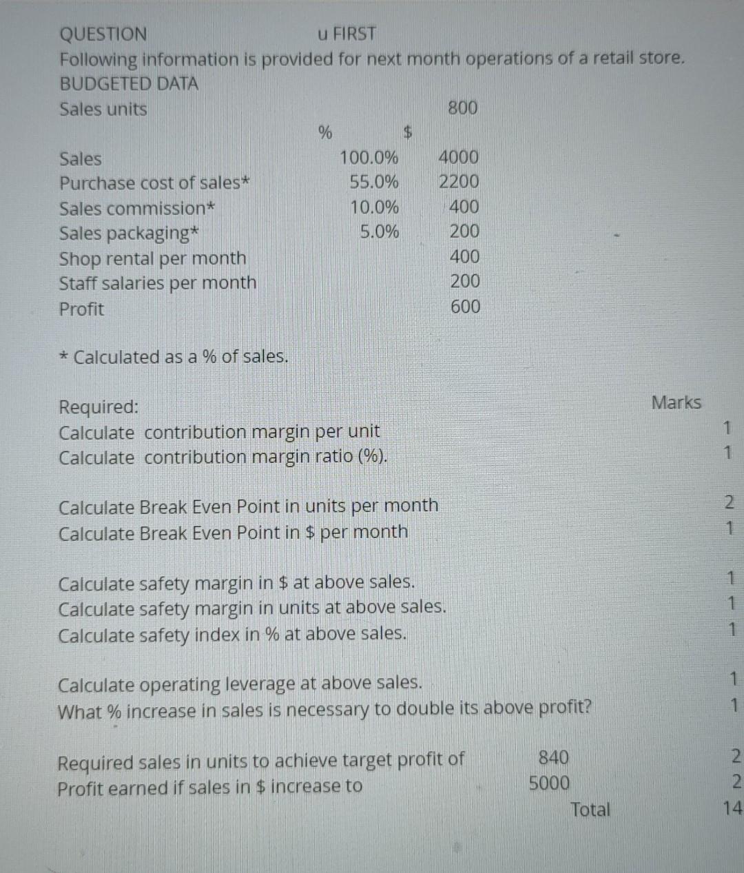 Question U First Following Information Is Provided For Next Month Operations Of A Retail Store Budgeted Data Sales Unit 1
