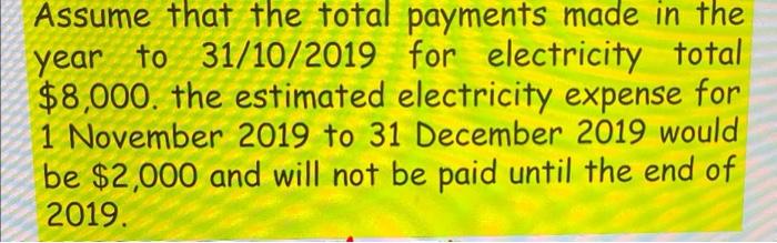 Assume That The Total Payments Made In The Year To 31 10 2019 For Electricity Total 8 000 The Estimated Electricity Ex 1