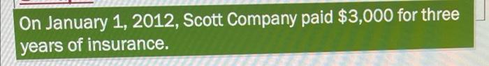 On January 1 2012 Scott Company Paid 3 000 For Three Years Of Insurance 1