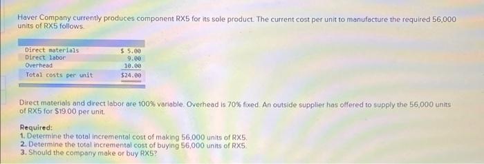 Haver Company Currently Produces Component Rx5 For Its Sole Product The Current Cost Per Unit To Manufacture The Requir 1