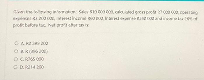Given The Following Information Sales R10 000 000 Calculated Gross Profit R7 000 000 Operating Expenses R3 200 000 Int 1