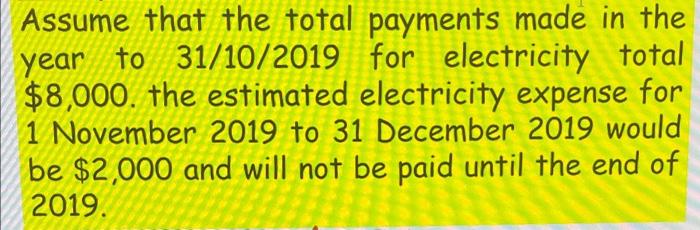 Assume That The Total Payments Made In The Year To 31 10 2019 For Electricity Total 8 000 The Estimated Electricity Ex 1