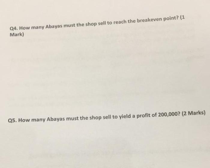 B Use The Bellow Information To Answer The Following Questions Hanayn Abaya Shop Sell Women Abaya The Cost Of Each Ab 2