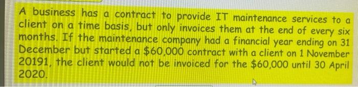 A Business Has A Contract To Provide It Maintenance Services To A Client On A Time Basis But Only Invoices Them At The 1