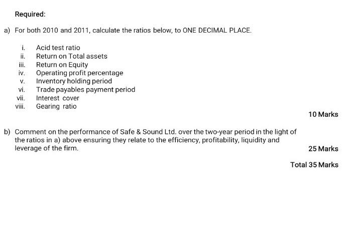 Required A For Both 2010 And 2011 Calculate The Ratios Below To One Decimal Place I Acid Test Ratio Ii Return On 4