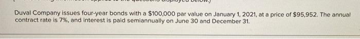 Duval Company Issues Four Year Bonds With A 100 000 Par Value On January 1 2021 At A Price Of 95 952 The Annual Con 1