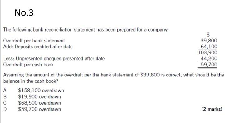 No 3 The Following Bank Reconciliation Statement Has Been Prepared For A Company Overdraft Per Bank Statement 39 800 1
