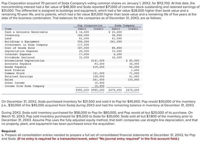 Pop Corporation Acquired 70 Percent Of Soda Company S Voting Common Shares On January 1 20x2 For 112 700 At That Dat 1