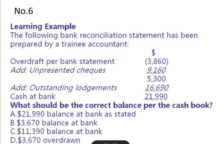 No 6 Learning Example The Following Bank Reconciliation Statement Has Been Prepared By A Trainee Accountant Overdraft P 1