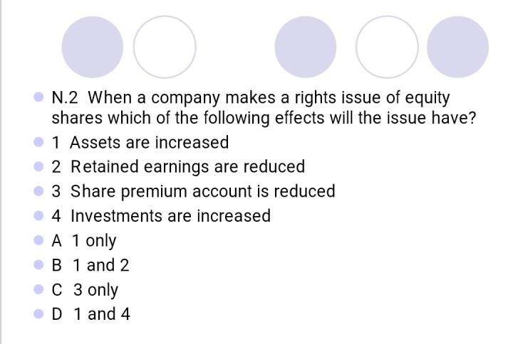 N 2 When A Company Makes A Rights Issue Of Equity Shares Which Of The Following Effects Will The Issue Have 1 Assets 1