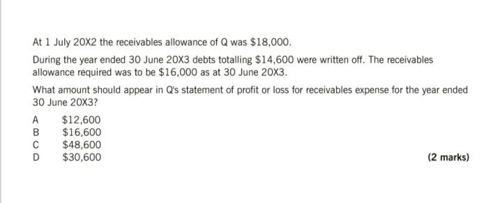 At 1 July 20x2 The Receivables Allowance Of Q Was 18 000 During The Year Ended 30 June 20x3 Debts Totalling 14 600 We 1